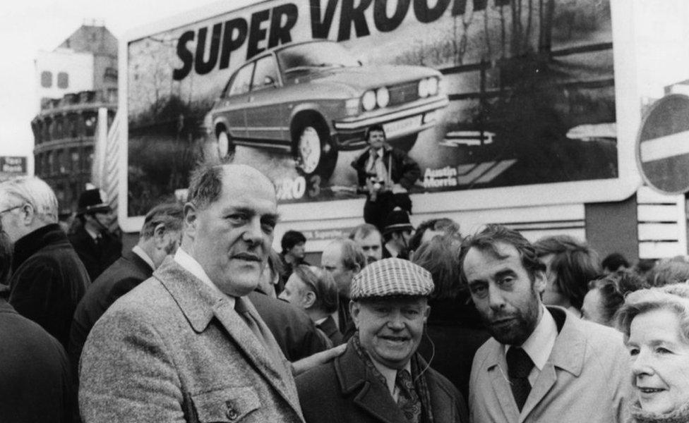 From left - Derek Robinson with fellow former shop steward Jack Neill, Leslie Huckfield, Labour MP for Nuneaton and Phyllis Davis