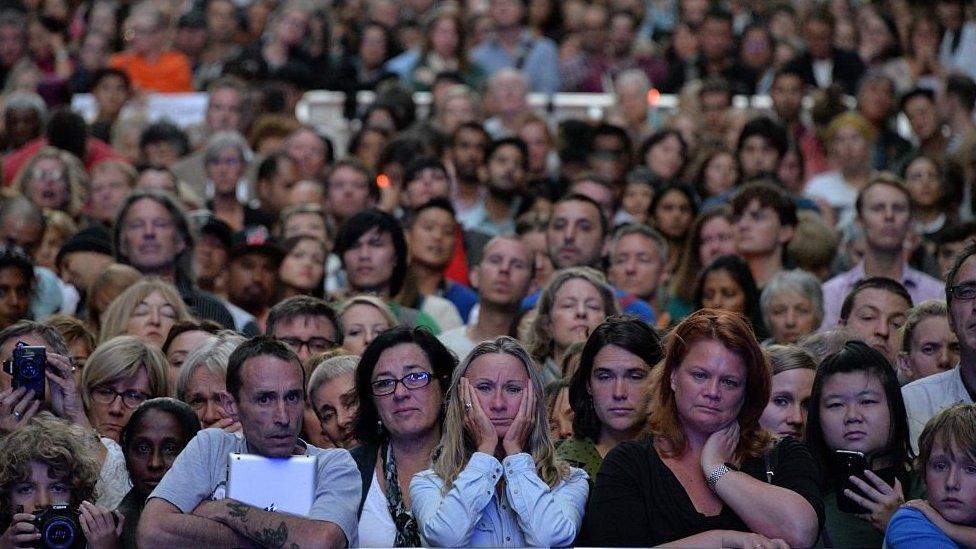 A crowd of supporters listening as the grandmother (not in picture) of Myuran Sukumaran, facing execution in Indonesia, appeals to the Indonesian government, in Sydney on 29 January 2015.