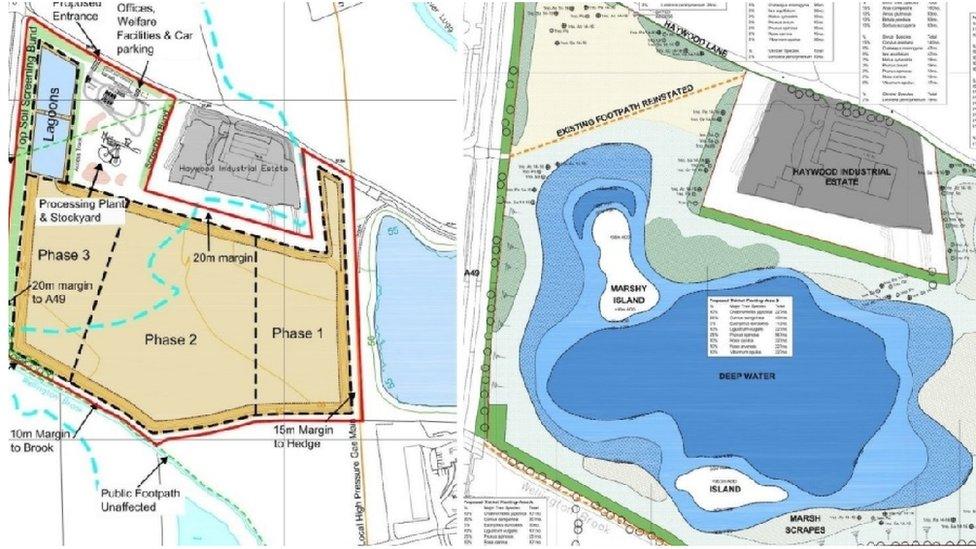 Plans show the site during work (left) and after development