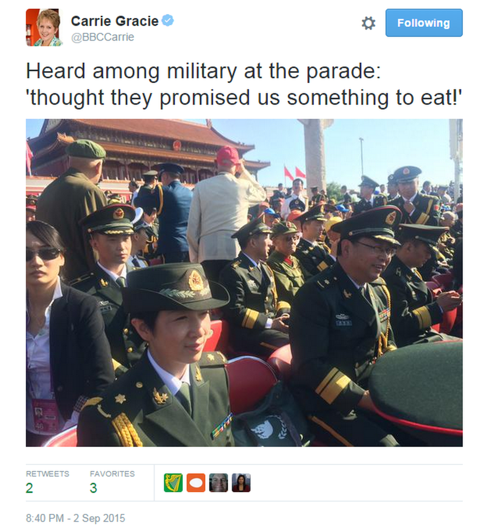 Heard among military at the parade: 'thought they promised us something to eat!'