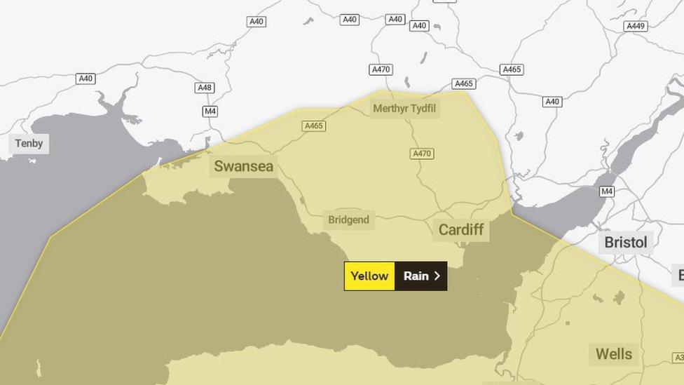 A map showing the places affected by the weather warning