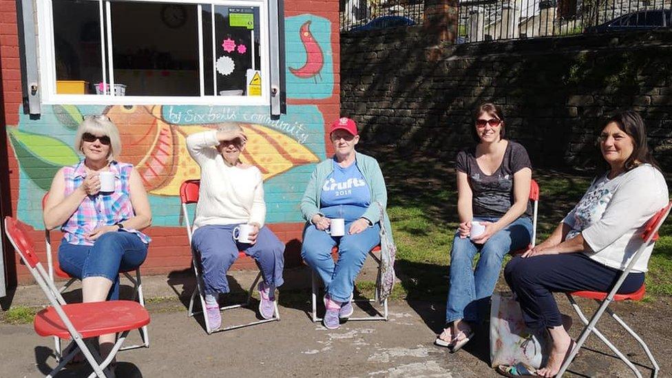 Community group outside the toilets in Six Bells Park, Abertillery