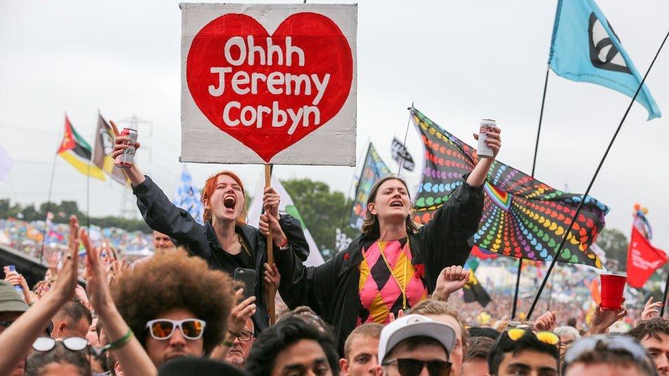 Women in the Glastonbury crowd hold a Jeremy Corbyn placard