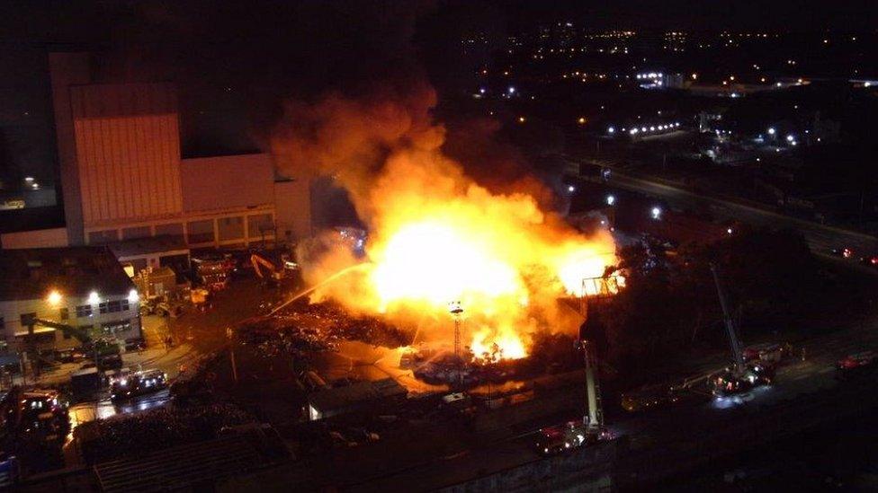 Aerial shot of fire at scrap yard