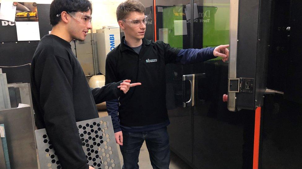 Robbie Denning and Luke Roberts in the factory where they have produced their new baking tray