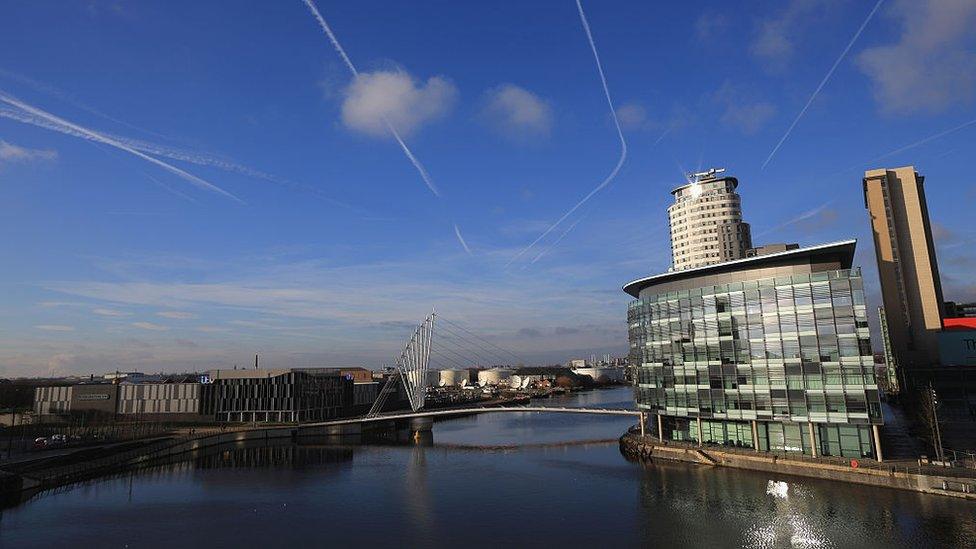 General view of Media City in Salford Quays on the banks of the Manchester Ship Canal