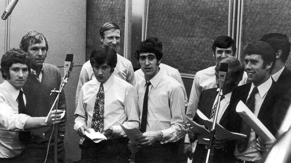 Bobby Moore and other players recording song for 1970 World Cup