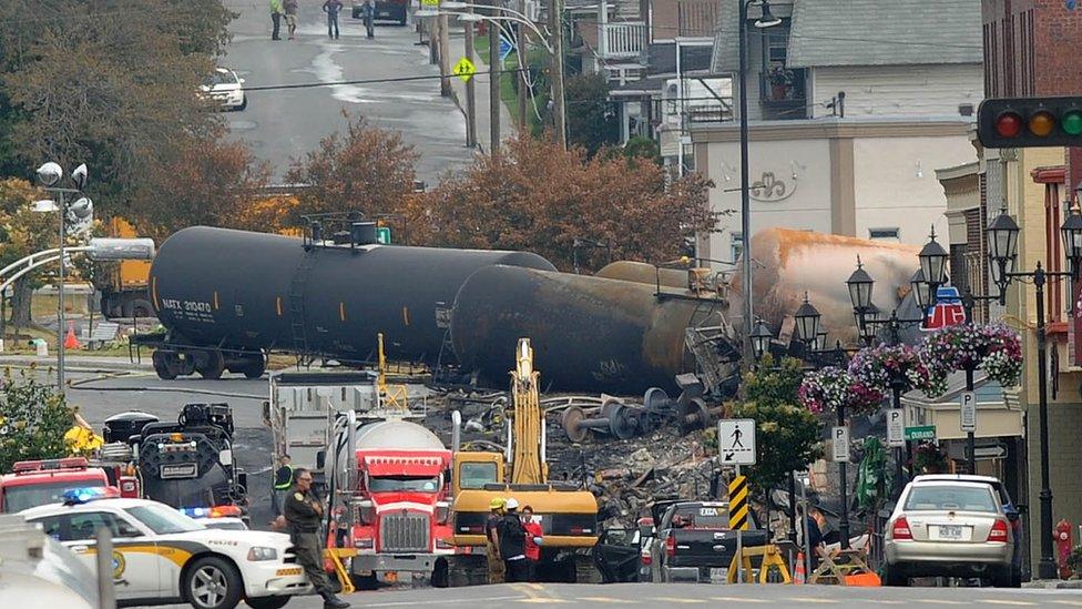 Derailed crude oil tankers in downtown Lac-Megantic, Quebec in 2013.