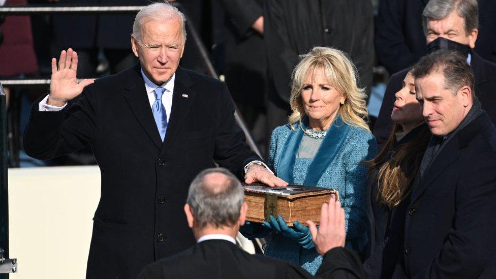 President Joe Biden and his family at his inauguration ceremony at the Capitol building on 20 January 2021