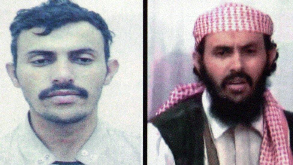 This file photo is a combo of two pictures of Qasim al-Raymi, taken from a Yemen interior ministry document