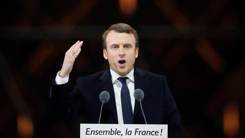 Emmanuel Macron on stage on the night of the second round of the French presidential election