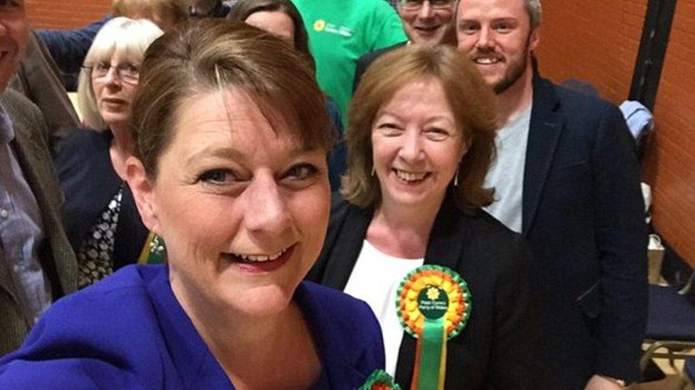 Leanne Wood taking a selfie with Jill Evans behind her