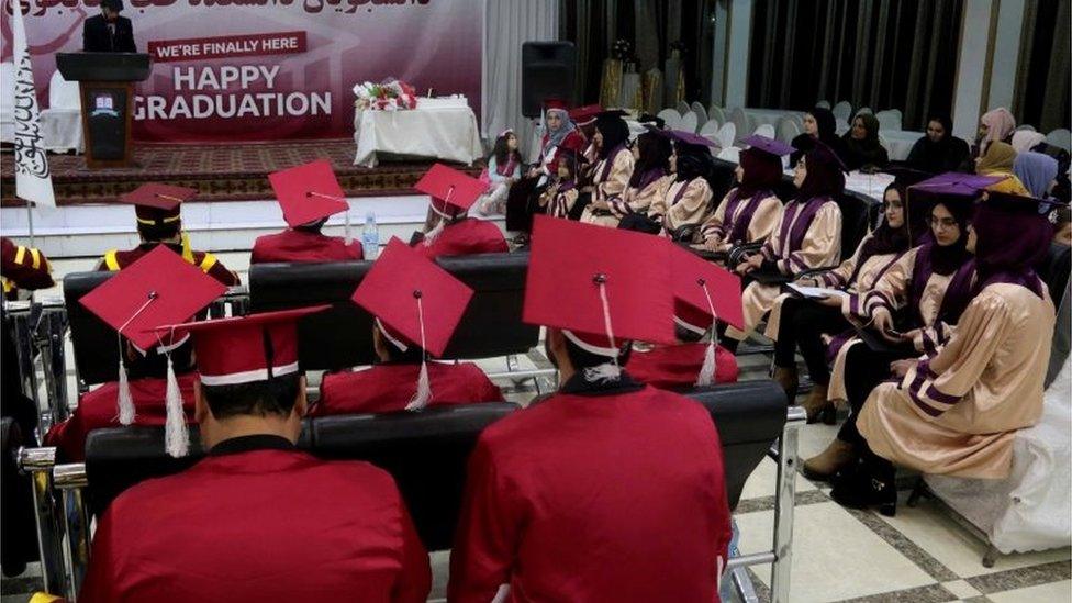 Afghan girls from a private university celebrate their graduation in Kabul, Afghanistan, 04 January 2023.