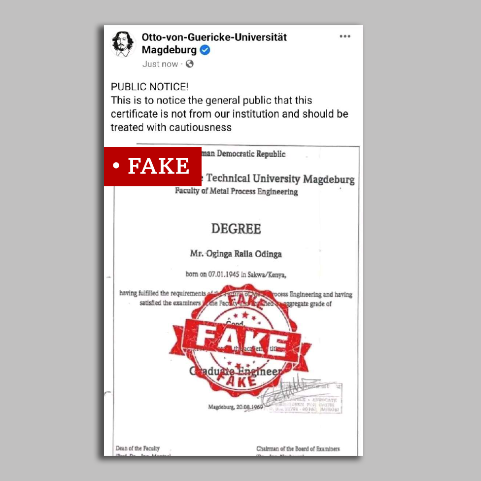 A screenshot image falsely claimed to be the Magdeburg university disowning Odinga's certificate