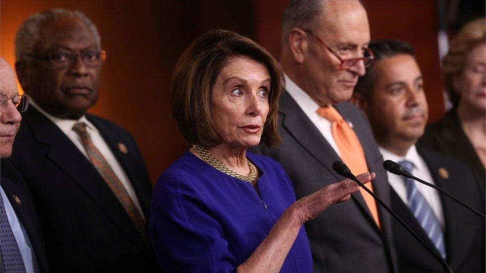 Speaker of the House Nancy Pelosi (D-CA) and Senate Democratic Leader Chuck Schumer (D-NY) speak to the media with House Majority Whip Jim Clyburn (D-SC) and Assistant House Speaker Ben Ray Lujan (D-NM) at their sides after returning to the U.S. Capitol from a meeting with U.S. President Donald Trump at the White House in Washington, U.S., May 22, 2019. REUTERS/Jonathan Ernst