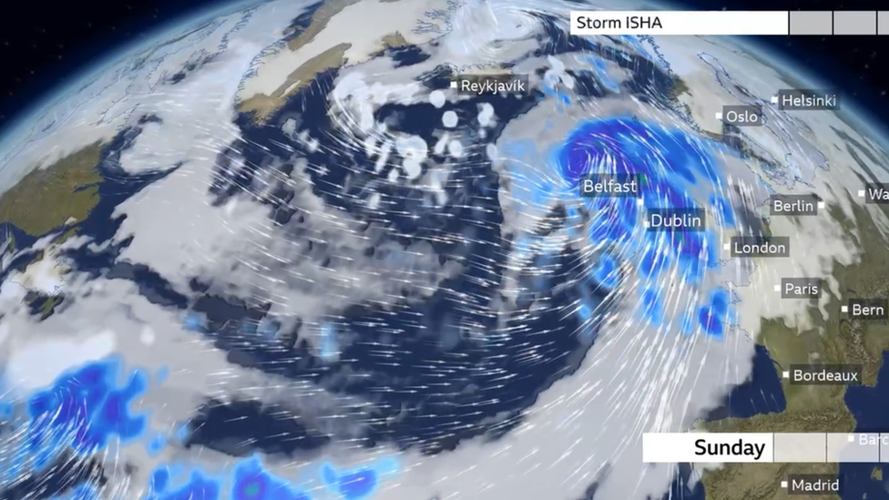 A weather map showing the winds coming from the Atlantic