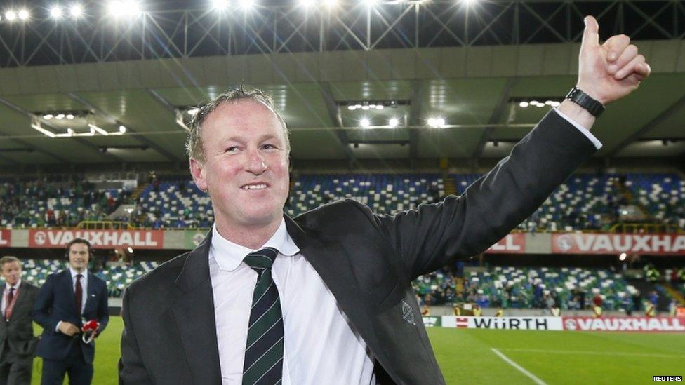 O'Neill gives the Windsor Park crowd the thumbs up after the win against Greece on Thursday night. He succeeded Worthington as Northern Ireland manager in 2011