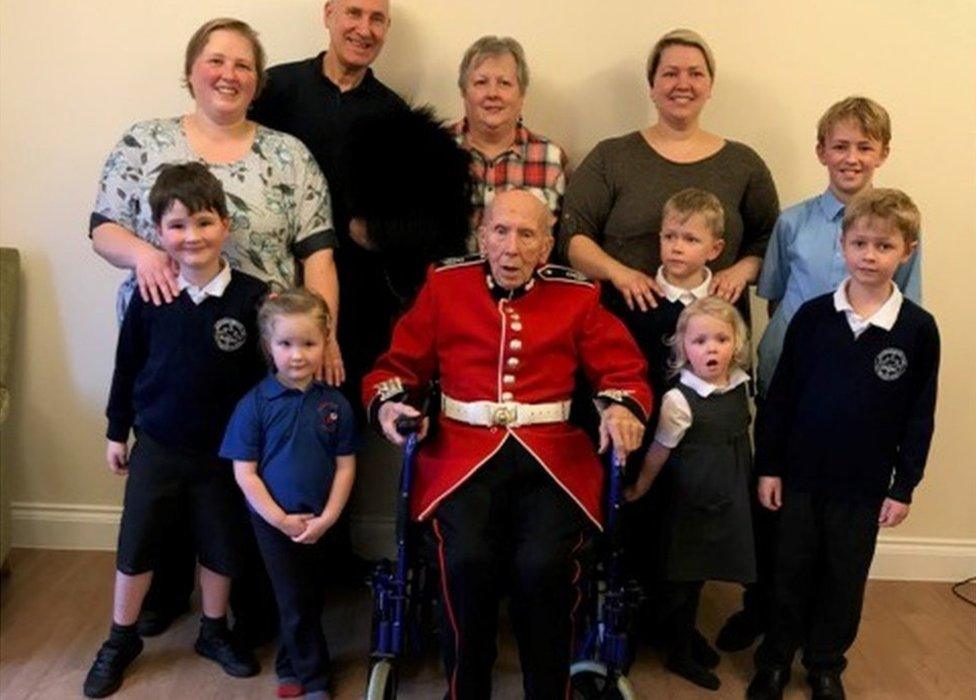 Leonard Boxall, who lives at Linden Court, Watton, Norfolk, surrounded by some of his family