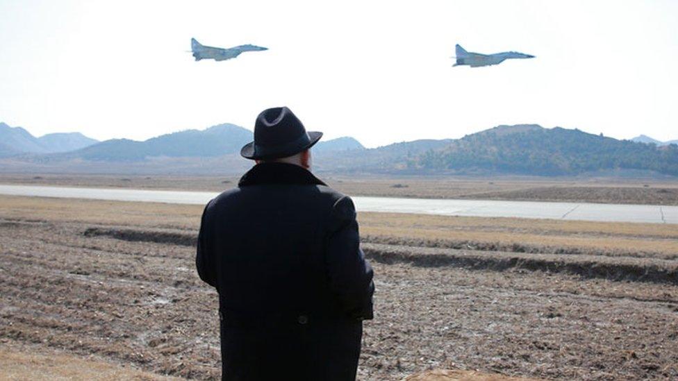 Kim Jong-un watches flight drills in February 2016