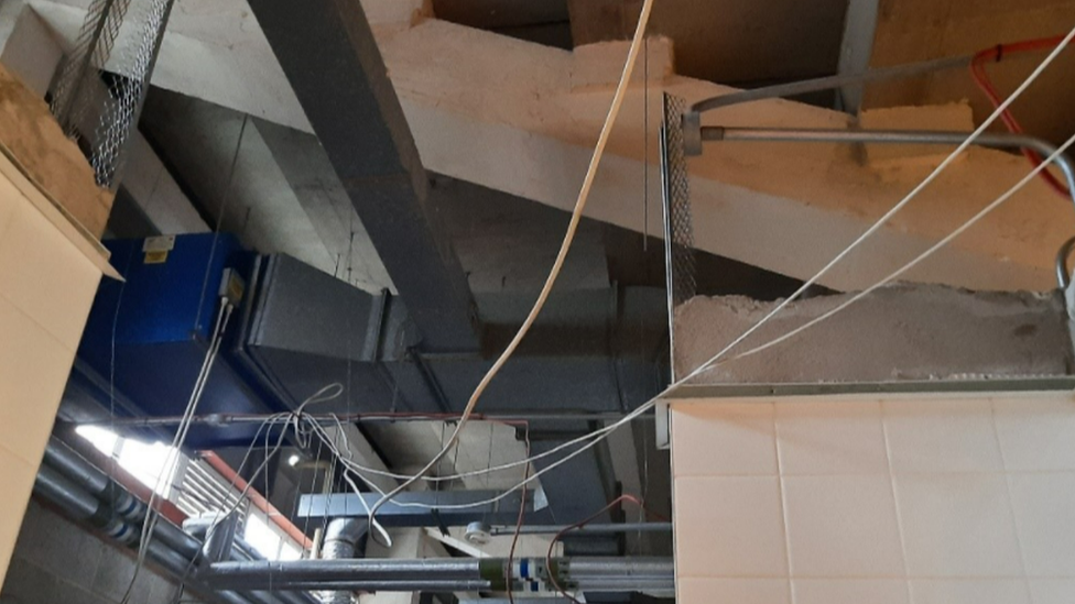 Damaged ceiling in the Atyeo Stand at Ashton Gate Stadium