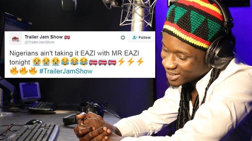 Mr Eazi in a radio station with a tweet overlaid reading "Nigerians ain't taking it EAZI with MR EAZI tonight"