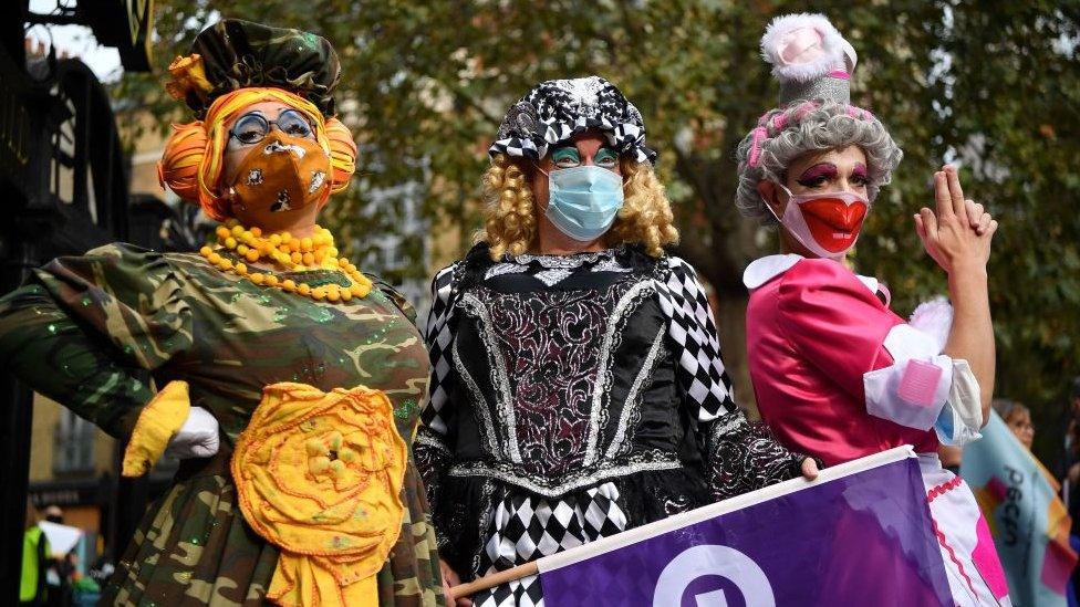 Pantomime dames marching in London