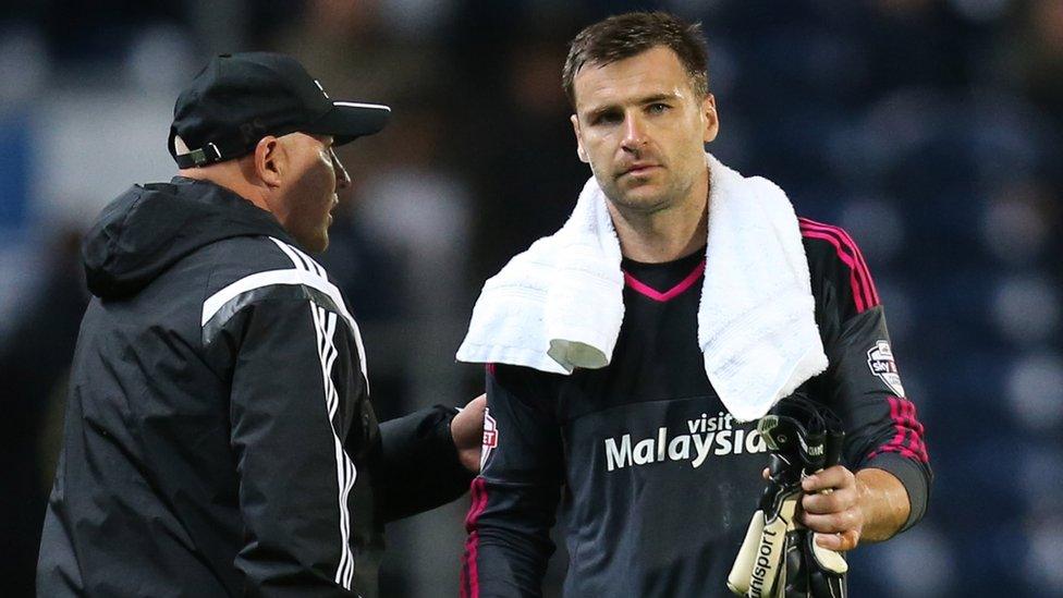 Cardiff boss Russell Slade with goalkeeper David Marshall