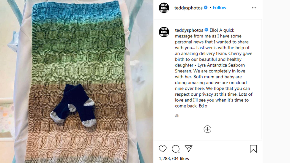 screengrab of Ed Sheeran's instagram announcing the birth of his first child a daughter