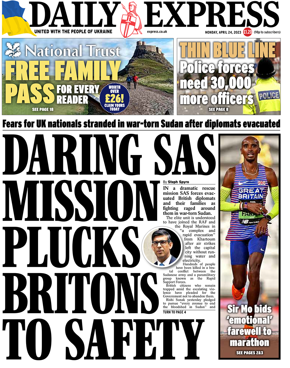 The headline in the Daily Express reads 'Daring SAS mission plucks Britons to safety'