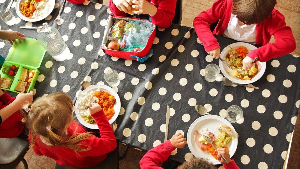 School children eating a roast dinner