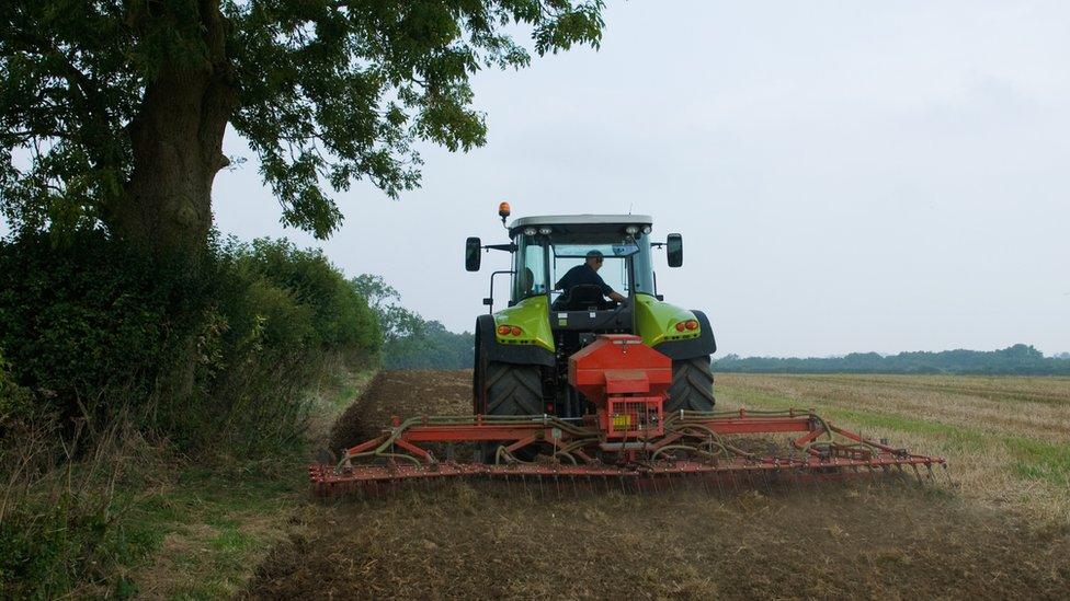 A farmer driving a tractor