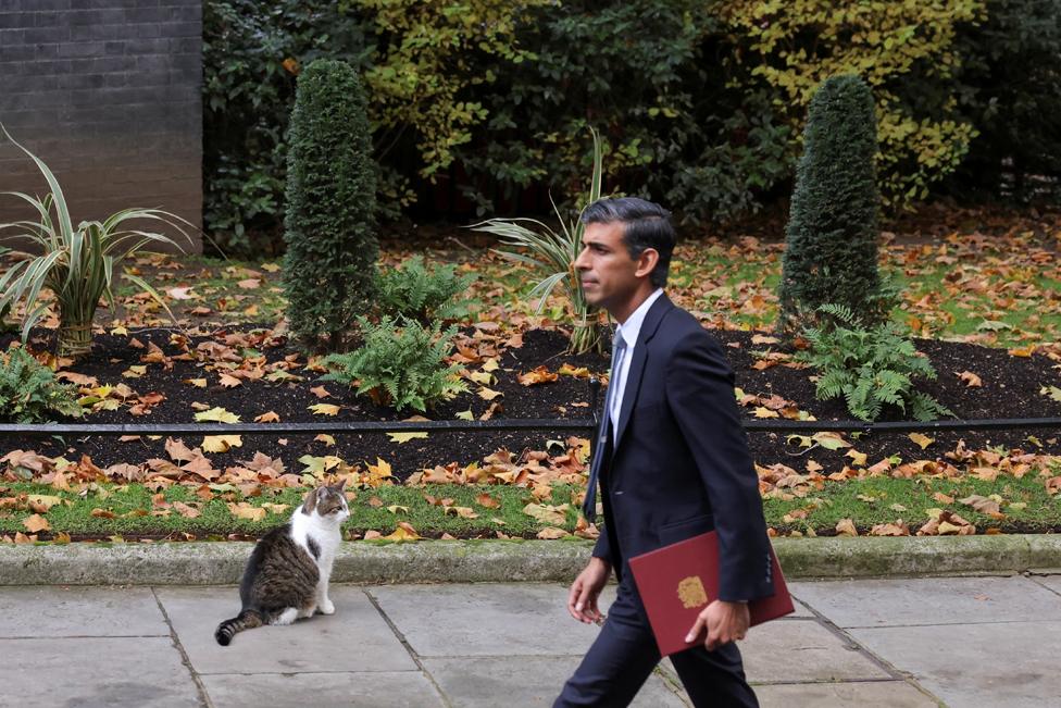 Britain's new Prime Minister Rishi Sunak walks past Larry the cat outside Downing Street, in London on 25 October 2022