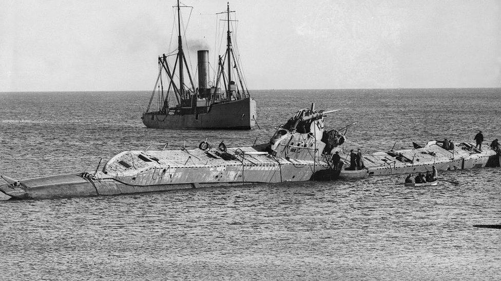 The HMS Thetis submarine beached at Moelfre, Anglesey