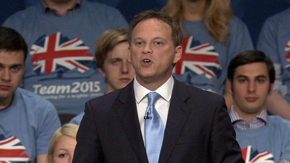 Grant Shapps addressing the Conservative Party conference in 2014 with Elliott Johnson seated to his right