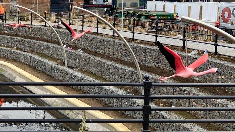 Flamingos in the new Hat Gardens on Silver Street, Luton