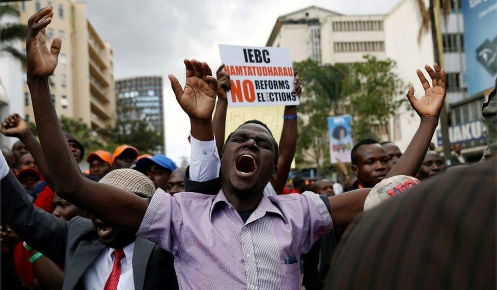 A supporter of the National Super Alliance (NASA) coalition reacts during a protest outside Kenya's Supreme Court in Nairobi, on 20 September, 2017.