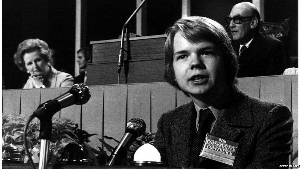 William Hague addressing the Conservative Party conference in 1977, watched by Margaret Thatcher