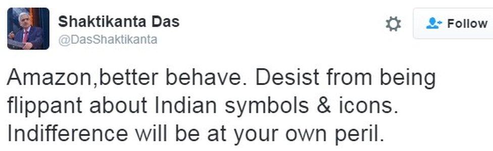 "Amazon,better behave. Desist from being flippant about Indian symbols & icons. Indifference will be at your own peril."