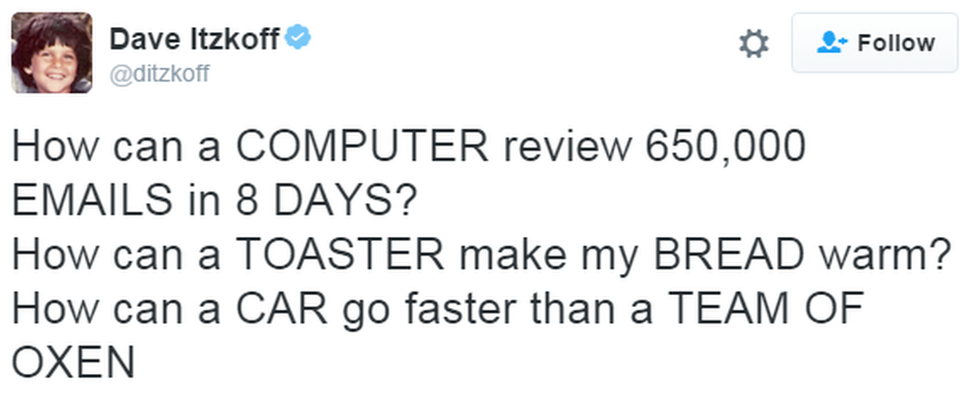 A tweet reads: "How can a COMPUTER review 650,000 EMAILS in 8 DAYS? How can a TOASTER make my BREAD warm? How can a CAR go faster than a TEAM OF OXEN