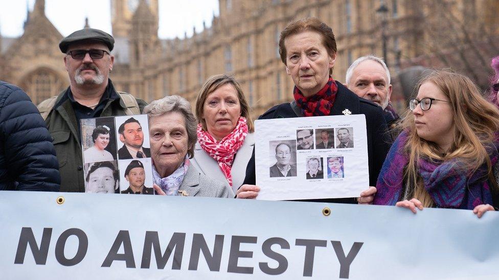 Members of the victims group South East Fermanagh Foundation (SEFF) demonstrate outside the Houses Of Parliament in Westminster