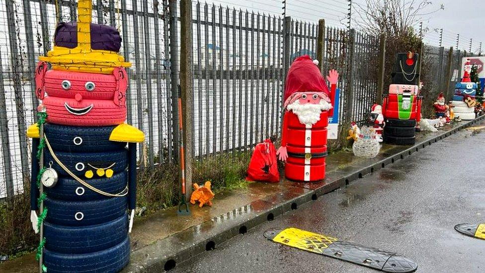 Tyres dressed up as Christmas decorations