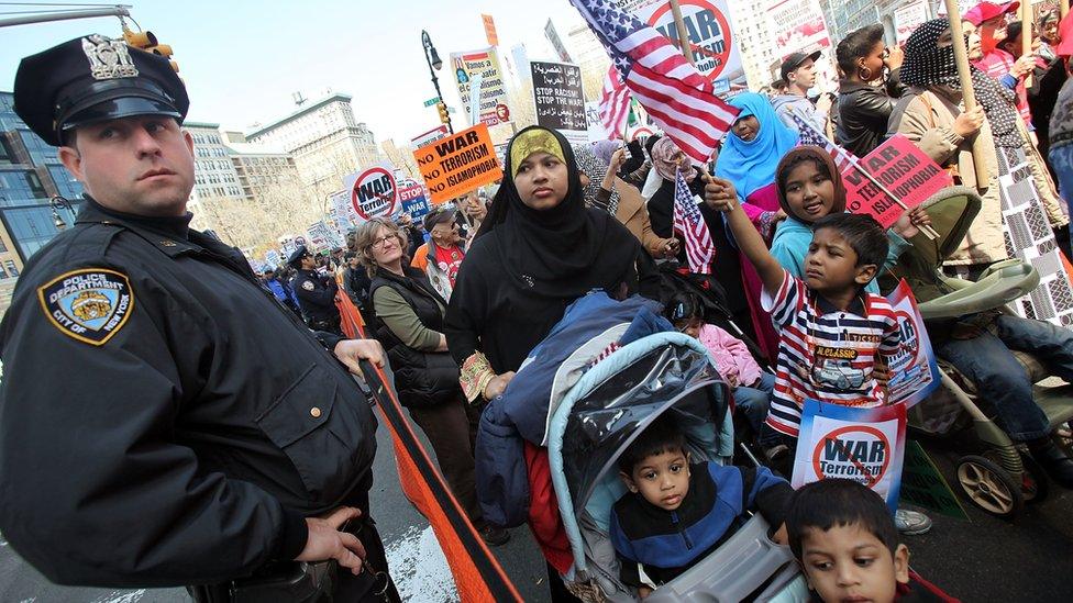 Protesets at a anti-terror march April 9, 2011 in New York City