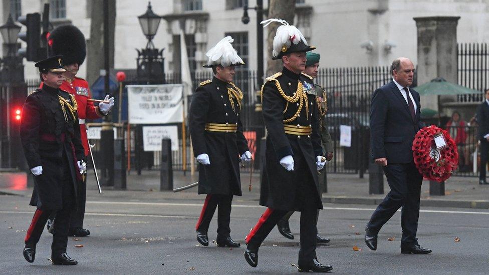 Defence Secretary Ben Wallace (far right) with military chiefs at the Cenotaph in London on 15 August 2020