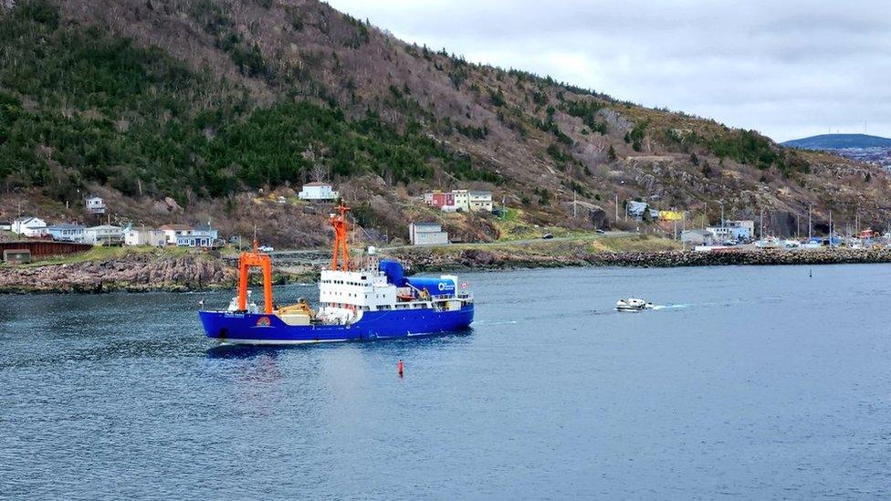 A photo of the submersible and the Polar Prince off the coast of Newfoundland