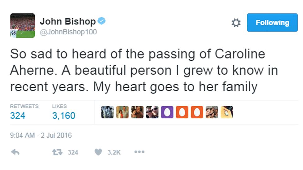 John Bishop tweeted: 'So sad to hear of the passing of Caroline Aherne. A Beautiful person I grew to know in recent years. My heart goes to her family.'