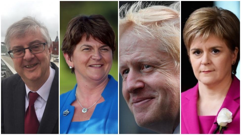 The leaders of the UK nations: Welsh First Minister Mark Drakeford, Northern Ireland's First Minister Arlene Foster, Prime Minister Boris Johnson and Scottish First Minister Nicola Sturgeon