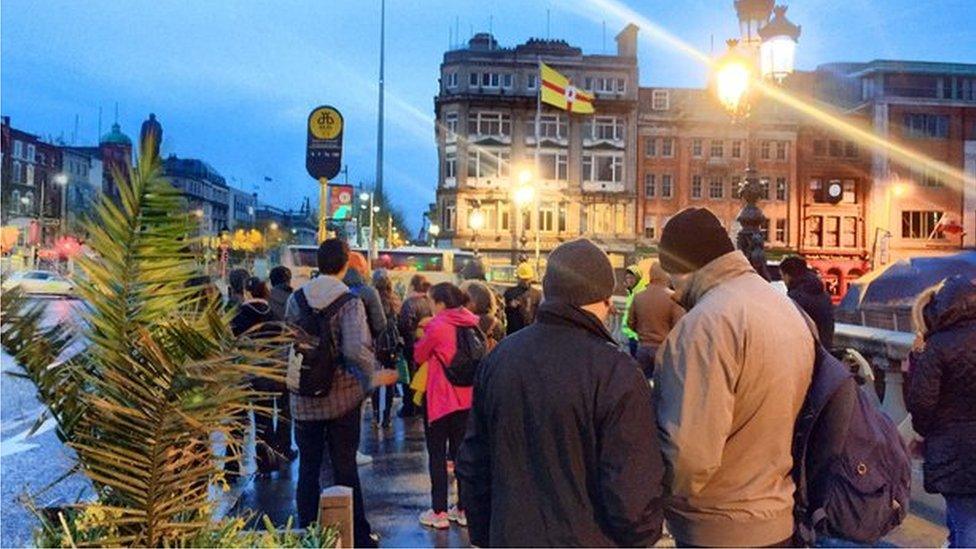 Passengers queuing for cancelled bus services in Dublin city centre