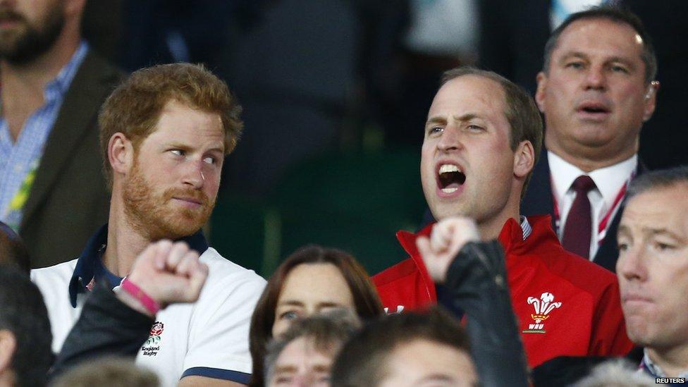 Prince William and Harry watching rugby match