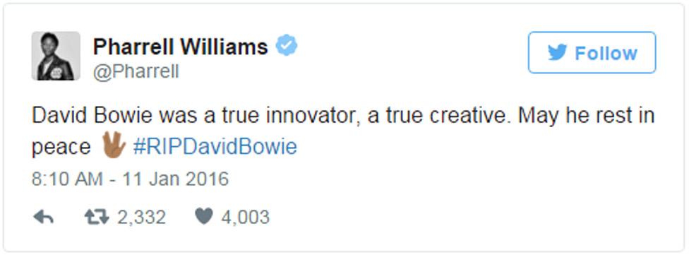 Pharrell Williams tweet: David Bowie was a true innovator, a true creative. May he rest in peace #RIPDavidBowie