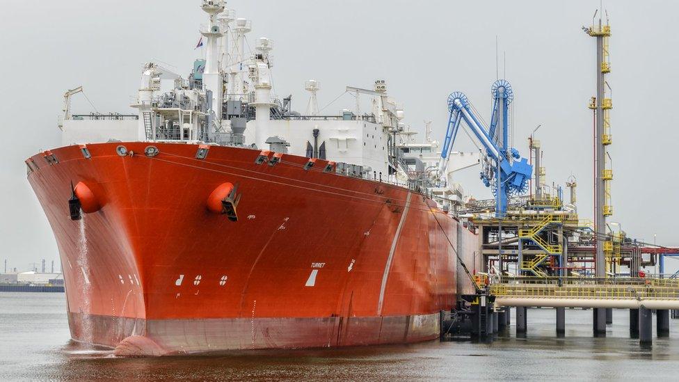 A liquefied natural gas tanker ship in port